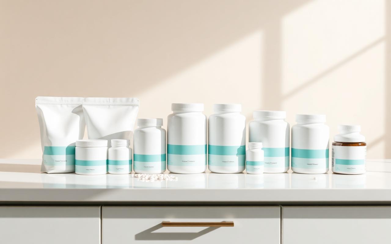 HelixBiotech supplement lineup on a clean laboratory surface